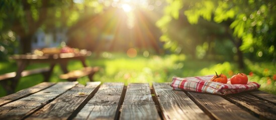 Aufkleber - blurred background of green garden with grill time and shabby dark brown table of picnic. Copy space image. Place for adding text or design