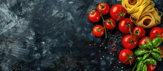 Aufkleber - vegetables and spices for tomato sauce,pasta tagliatelle with tomatoes on dark background, top view. Copy space image. Place for adding text or design