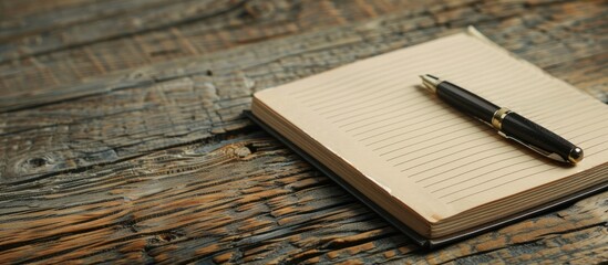 Poster - A notebook with a pen sitting on a wooden table. with copy space image. Place for adding text or design