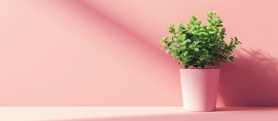 Fototapete - Decorative little green plant in ceramic pot on pastel background. with copy space image. Place for adding text or design