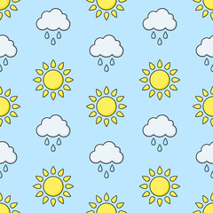 Wall Mural - white cartoon clouds and suns with black outline on blue background. vector seamless pattern. best f