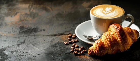 Fototapete - Cup of coffee with french croissant. with copy space image. Place for adding text or design