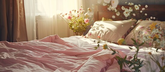 Poster - Feminine bed with pillows decorative headboard floral blanket and pink bedsheet. with copy space image. Place for adding text or design