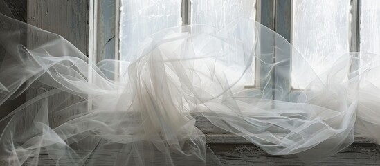 Wall Mural - Transparent white tulle on the window. with copy space image. Place for adding text or design