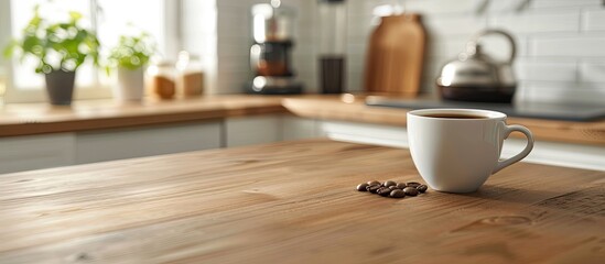 Poster - Hot cup of black coffee in modern kitchen on wooden tabletop. Close up. Indoors. with copy space image. Place for adding text or design