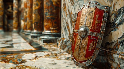 Wall Mural - Journey back in time with a glimpse of the Roman Empire military arsenal showcasing a diverse array of ancient weapons and armor used by legionnaires in battles across ancient Rome.