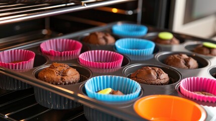 Wall Mural - Baking chocolate muffins in vibrant silicone molds on baking trays in the oven