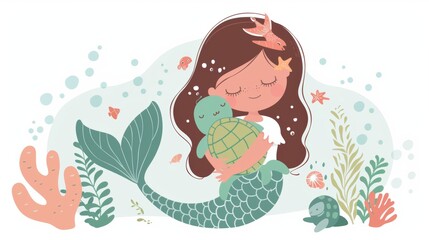 Wall Mural - Vector illustration of a cute beautiful mermaid. Nursery art for baby.