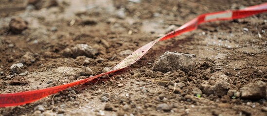 Poster - Soil on earth as texture and background. Warning or protective tape at a construction site. with copy space image. Place for adding text or design