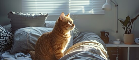 Poster - Cute cat standing in shelf of bedroom near bed with cushions and light getting into the room. with copy space image. Place for adding text or design