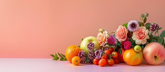 Poster - Still life with asters and roses bunch with fruits Isolated on pastel background. with copy space image. Place for adding text or design