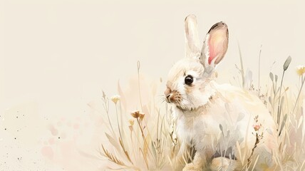 Wall Mural - Watercolor illustration of a rabbit in a meadow. The rabbit sits among delicate plants with subtle shading and a pastel background.