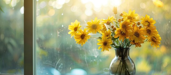 Poster - Beautiful yellow flowers in a vase on a window in natural light. Yellow flowers golden ball. Yellow color. with copy space image. Place for adding text or design
