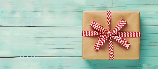 Poster - Wrapped vintage gift box with red and white ribbon bow pastel background. with copy space image. Place for adding text or design