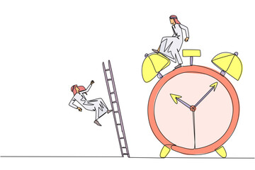 Poster - continuous one line drawing arab businessman kicks rival who climbs alarm clock with ladder. arrogan