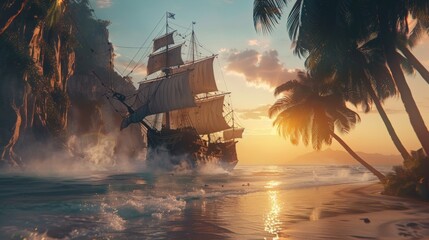 Wall Mural - Sailing ship parked by island with palm tree beach