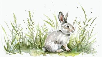 Wall Mural - Watercolor illustration of a rabbit in green foliage. The pastel hues and minimalist design create a peaceful scene.
