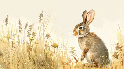 Wall Mural - Watercolor illustration of a rabbit in a grassy field. The minimalist background and delicate details enhance its natural beauty.