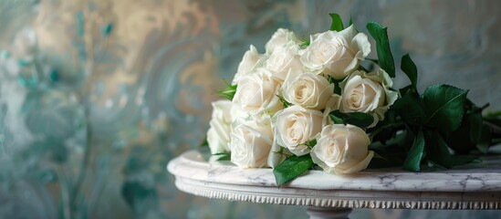 Poster - Bouquet of white roses on marble table in interior of the Baroque style. with copy space image. Place for adding text or design