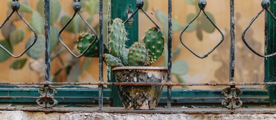 Poster - cactus on window behind metal lattice. with copy space image. Place for adding text or design