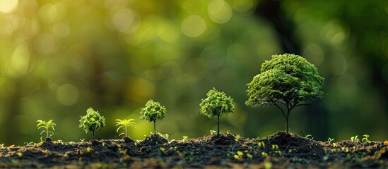 Poster - Small trees of different sizes growing on green background concept of caring for the environment and world environment day. with copy space image. Place for adding text or design