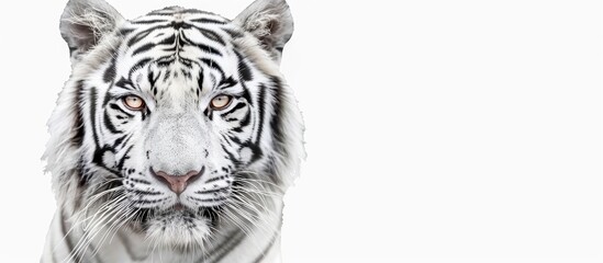 Poster - Face of a white bengal tiger, isolated on white background. Mask of the biggest cat. Wild beauty of the most dangerous and mighty beast. Copy space image. Place for adding text or design