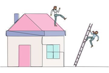 Wall Mural - Single continuous line drawing businesswoman kicks opponent who climbs a miniature house with stairs. Metaphor of fraud committed by house developers. Bad business. One line design vector illustration