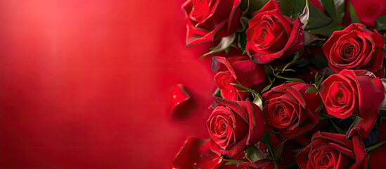 Poster - Beautiful Creative Rose Flowers Decorated Background with Happy Valentine's Day Font. Copy space image. Place for adding text or design