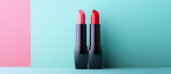 Poster - Colorful lipstick in creative package design Isolated on pastel background. with copy space image. Place for adding text or design
