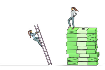 Poster - Continuous one line drawing businesswoman kicks opponent who climbs pile of banknotes with ladder. Struggle together but want to achieve big profit alone. Single line draw design vector illustration