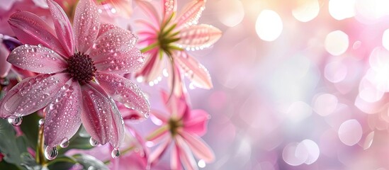 Poster - pink flowers with drops. with copy space image. Place for adding text or design