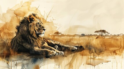 Wall Mural - This watercolor illustration features a noble lion lying peacefully in the vast savannah. The muted golds and browns enhance the serene atmosphere.