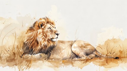 Wall Mural - A serene lion is depicted resting in the golden fields. The watercolor illustration captures a calm and peaceful moment.