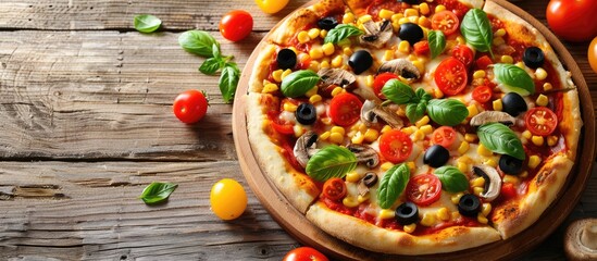 Aufkleber - Delicious italian vegetarian pizza with tomatoes, mushrooms, peppers, corn and black olives  thin pastry crust at wooden table background pastel background. with copy space image