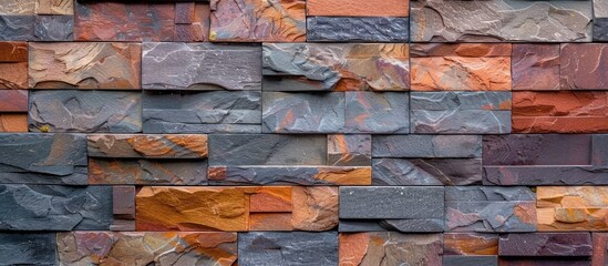 Poster - brown red Slate Marble Split Face Mosaic  pattern and background brick wall. with copy space image. Place for adding text or design