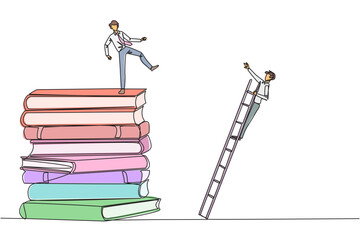 Poster - Single one line drawing businessman kicks opponent who is climbing a pile of books with a ladder. Failed to gain access to profitable business principles. Continuous line design graphic illustration