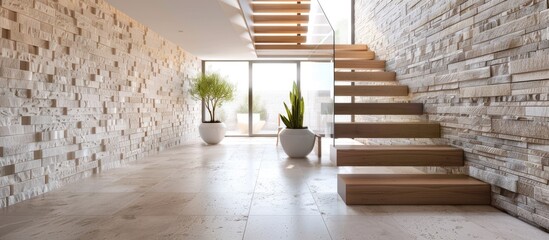 Aufkleber - Stylish wooden contemporary staircase inside loft house interior. Modern hallway with decorative limestone brick walls and white oak stairs. with copy space image. Place for adding text or design
