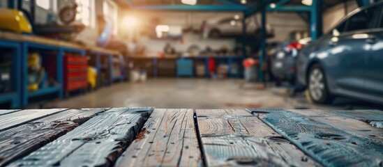 Poster - table with blur background garage for car service. Copy space image. Place for adding text or design