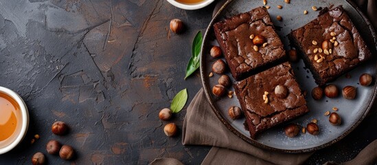 Aufkleber - Homemade chestnut cake, sweet vegan chocolate chestnut brownie bread with honey and caramel sauce. with copy space image. Place for adding text or design