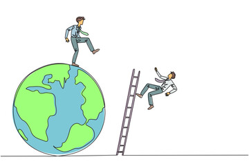 Poster - Single continuous line drawing businessman kicks opponent who is climbing the globe with a ladder. Failed to be on top of the world. Dropped by business friend. One line design vector illustration