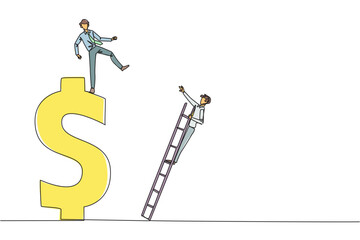 Wall Mural - Single continuous line drawing businessman kicks his rival who is climbing a dollar symbol with ladder. Unhealthy competition. Using rough methods to bring down. One line design vector illustration