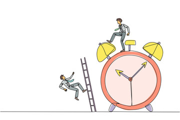 Poster - Continuous one line drawing businessman kicks opponent who climbs alarm clock with ladder. Arrogance. No need for colleagues to complete many deadlines. Single line draw design vector illustration