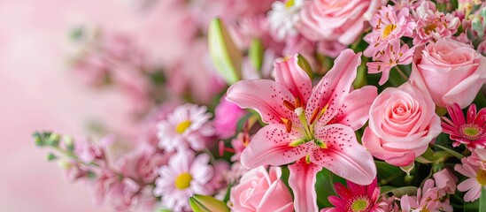 Fototapete - Florist bouquet of cut pink lily, rose, carnation, daisy flowers. pastel background. with copy space image. Place for adding text or design