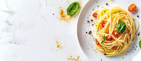 Aufkleber - The spaghetti carbonara pastel background  Food  Isolated. with copy space image. Place for adding text or design