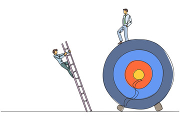 Poster - Single continuous line drawing businessman kicks colleague who is climbing the target arrow board with a ladder. The metaphor of getting rid of business destroyers. One line design vector illustration