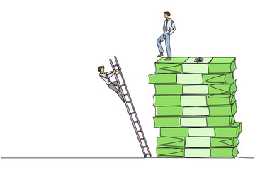 Poster - continuous one line drawing businessman kicks opponent who is climbs pile of banknotes with ladder. 