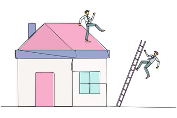 Poster - Single continuous line drawing businessman kicks opponent who climbs a miniature house with stairs. Metaphor of fraud committed by house developers. Bad business. One line design vector illustration