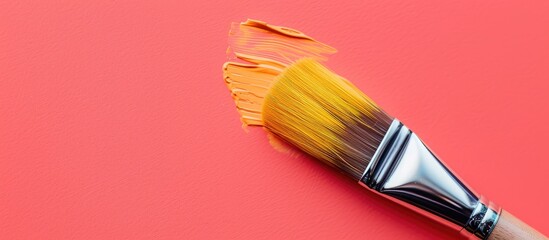 Aufkleber - New yellow paint brush on a living coral background. with copy space image. Place for adding text or design
