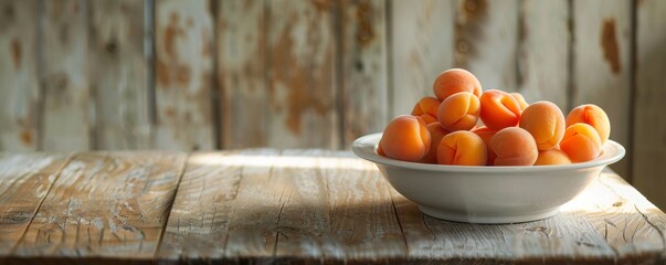 Fresh apricots in a white bowl on rustic wooden table with sunlight