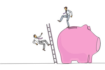 Poster - Single one line drawing businessman kicks opponent who is climbing piggy bank with stair. Bringing down opponents so don't have any investment in future. Continuous line design graphic illustration